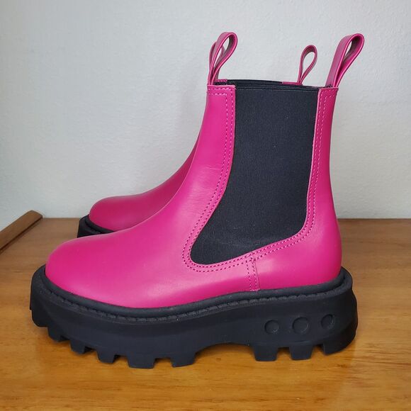 SIMON MILLER Pink Scrambler Boots Pull On Leather Combat Goring Lug Sole SZ 5/35 - Picture 3 of 11